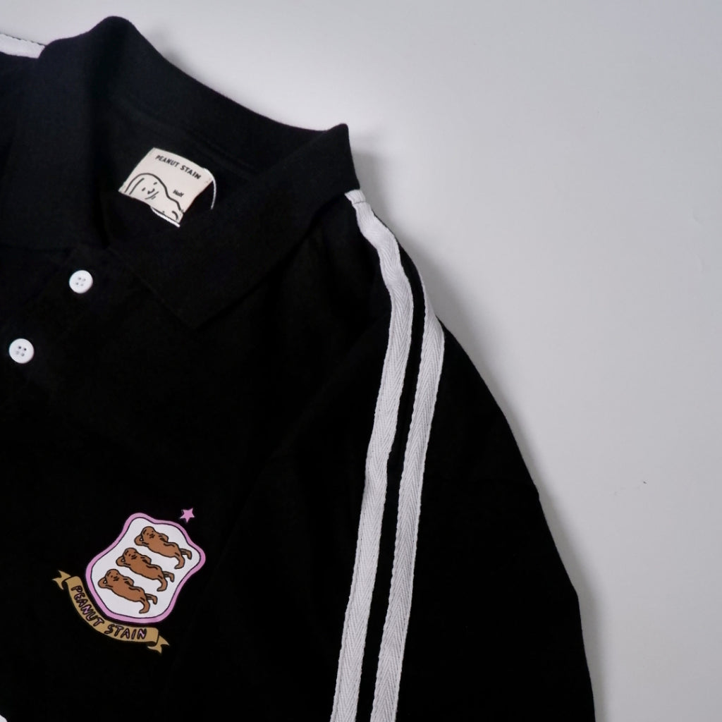 PEANUT STAIN - Active White Striped Arm Black Boxy Oversized Polo