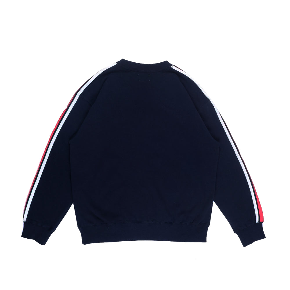 PEANUT STAIN - White Red Striped Arm Navy Oversized Crewneck