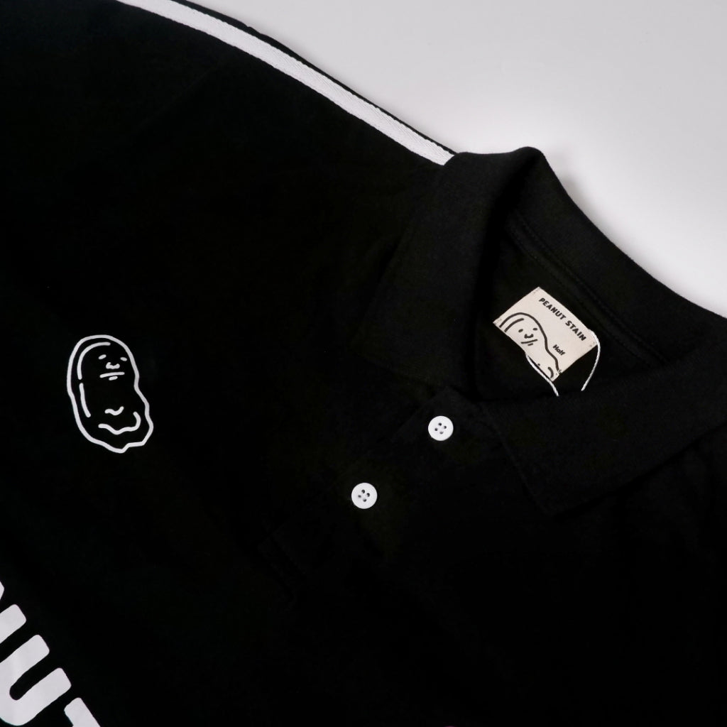 PEANUT STAIN - Active White Striped Arm Black Boxy Oversized Polo