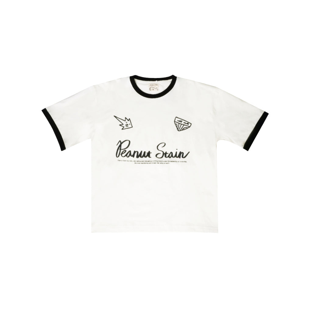 PEANUT STAIN - Active Cursive Ringer Ivory Boxy Oversized Tshirt