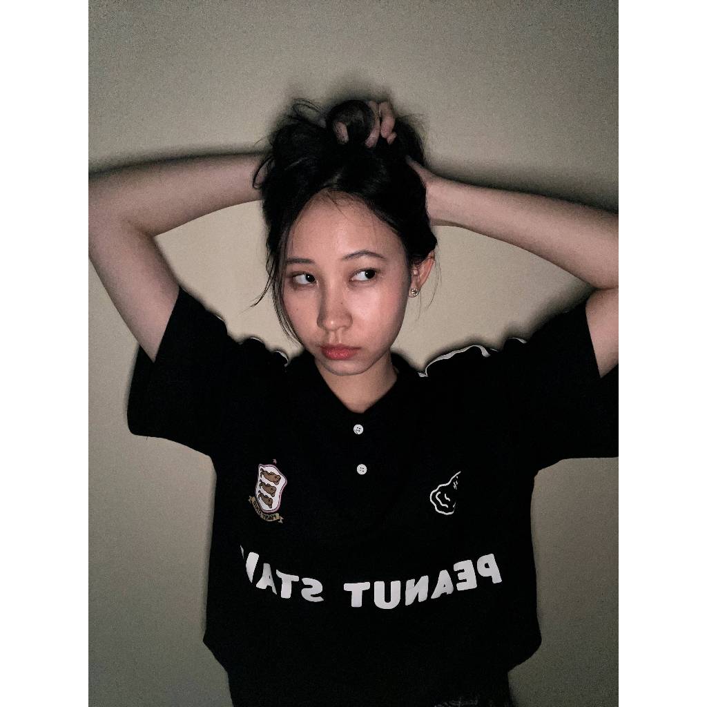 PEANUT STAIN - Active White Striped Arm Black Boxy Oversized Polo