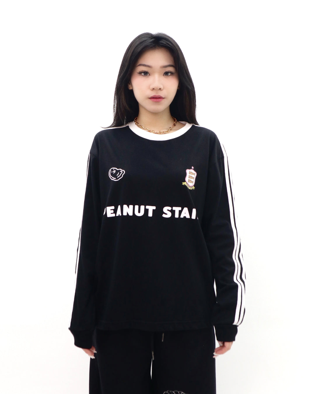 PEANUT STAIN - 4 Stripes Arm Black Boxy Long Sleeve Tshirt