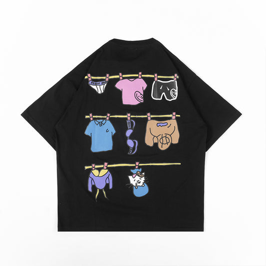 PEANUT STAIN - Clothesline Black Oversized Tshirt