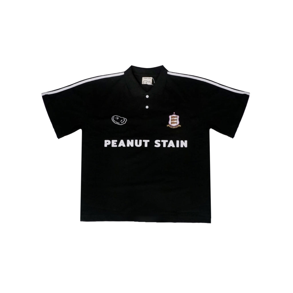 PEANUT STAIN - Active White Striped Arm Black Boxy Oversized Polo