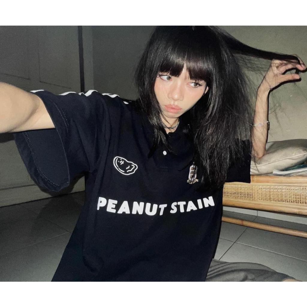 PEANUT STAIN - Active White Striped Arm Black Boxy Oversized Polo
