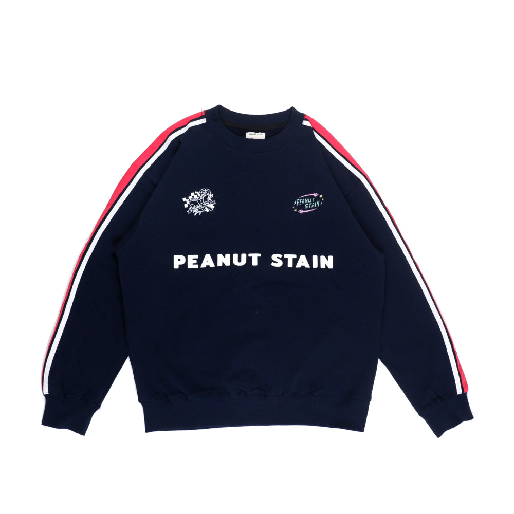 PEANUT STAIN - White Red Striped Arm Navy Oversized Crewneck