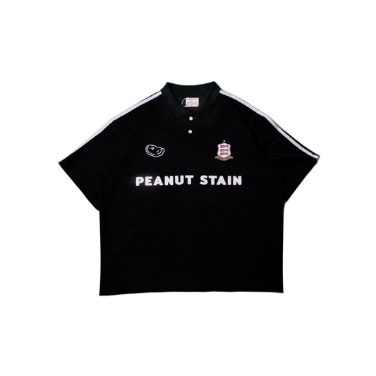 PEANUT STAIN - Active White Striped Arm Black Boxy Oversized Polo
