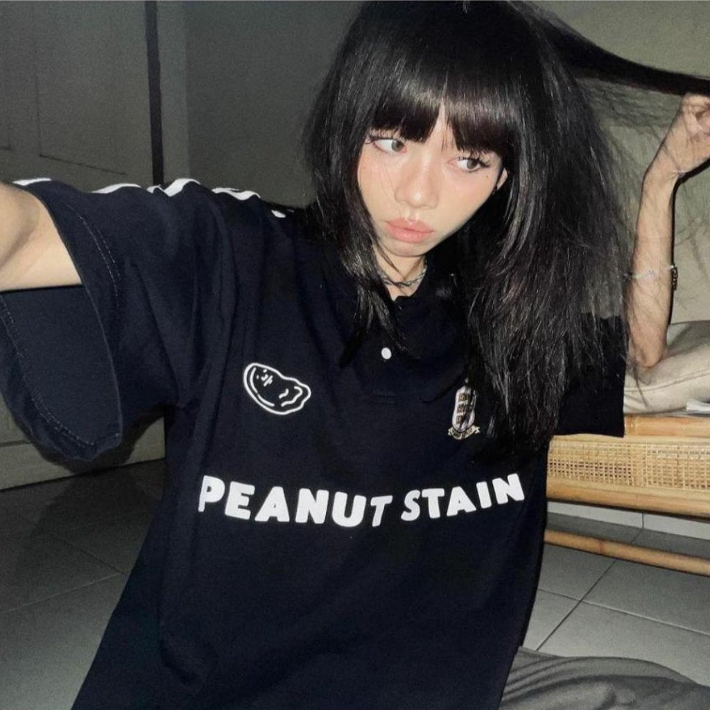 Boxy Oversized Polo Active White Striped Arm Black Peanut Stain | Kaos Polo | Unisex